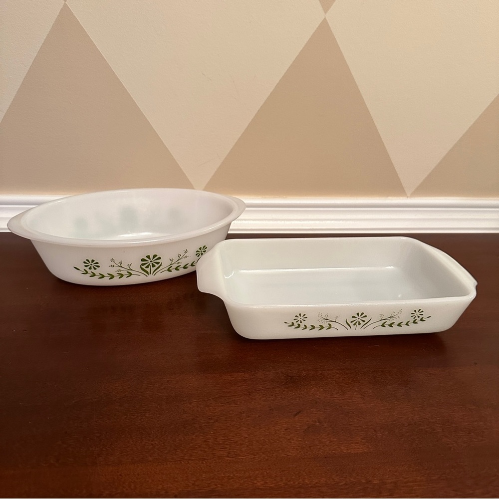 Vintage Glassbake Oval J235 and Rectangle 427 baking dish Casserole Green Daisy